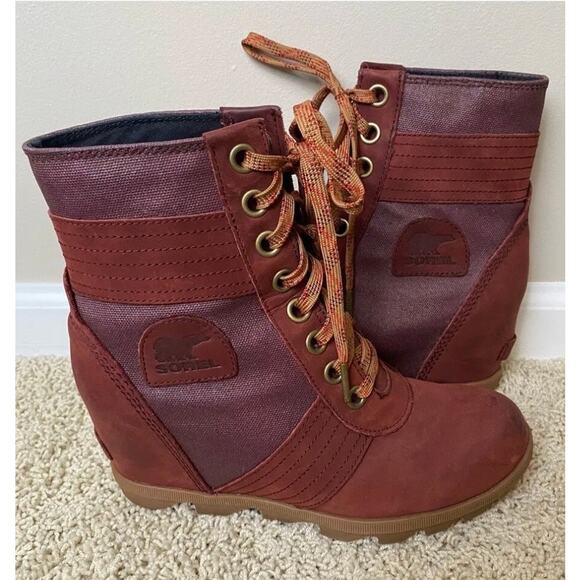 Sorel PDX Lace up Wedge Lexie Wedge Maroon Brown Leather Canvas - size 9.5 - E3 - Picture 1 of 11